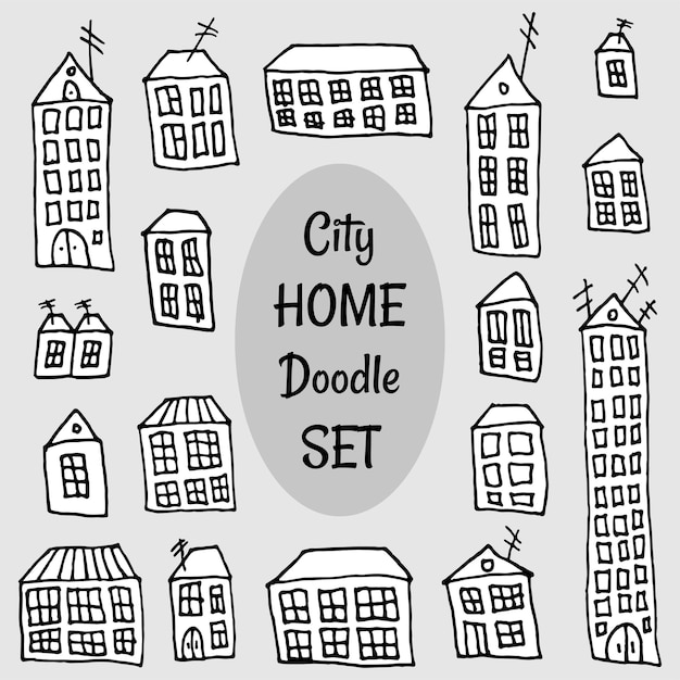 Set di case di città in stile doodle