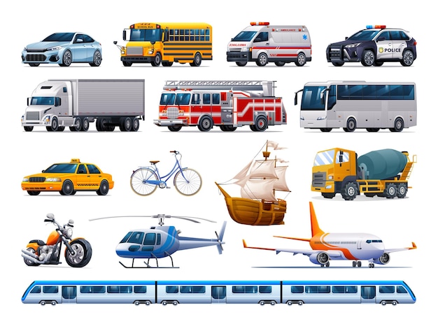 Set of city transportation vehicles Collection of various kinds of vehicles Vector illustration