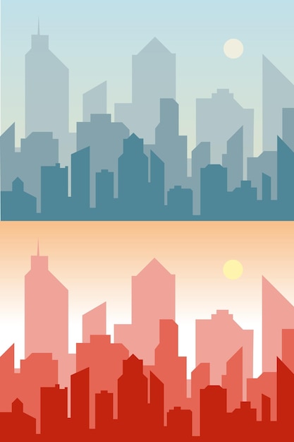 Набор городского фона Силуэты горизонта Современная архитектура Синий городской пейзаж Горизонтальный баннер с панорамой мегаполиса Векторная иллюстрация