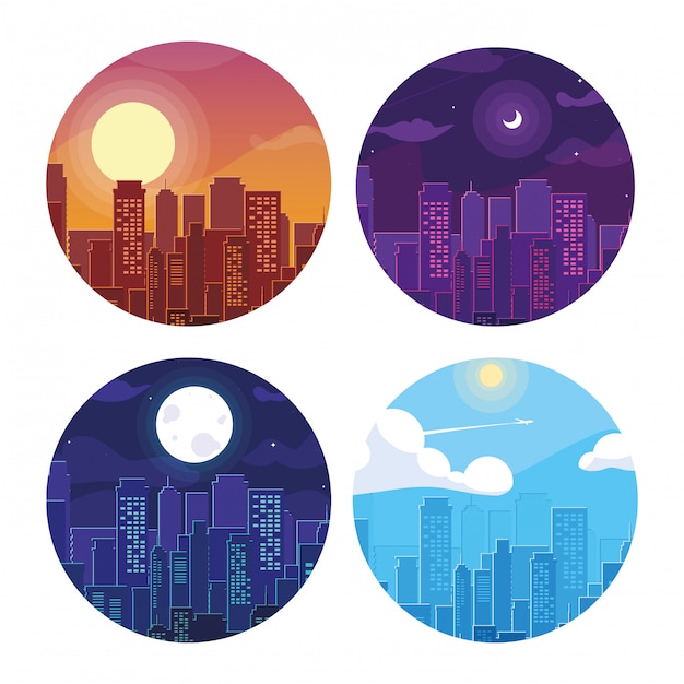 Vector set of cityscape buildings scene