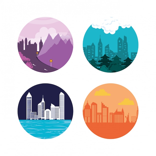 Vector set cityscapes with buildings icon