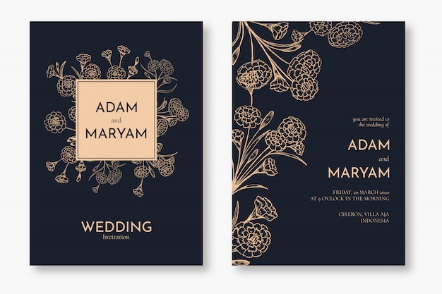 Set classic floral outline hand drawn luxury wedding invitation design or card templates for wedding