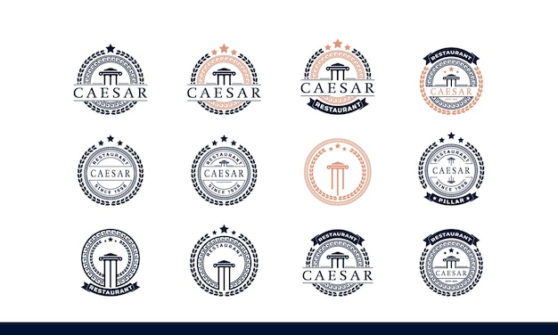 Set of classic vintage retro label badge ancient greek coin with pillar column laurel wreath border pattern emblem logo design template