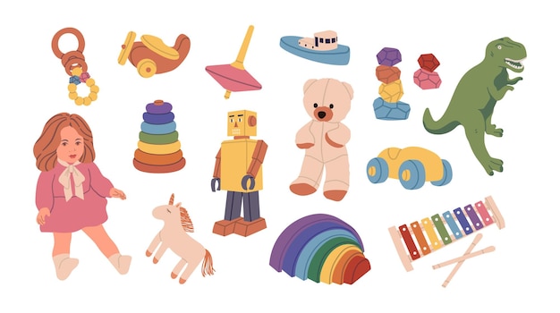 Vector set of classic wooden soft and plastic toys for children of all ages