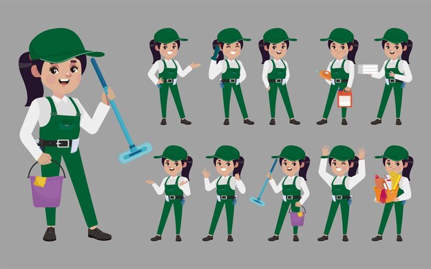 Set of cleaner with different poses