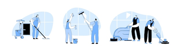 Vector set cleaning company staff characters in uniform working with equipment friendly smiling professional janitor workers