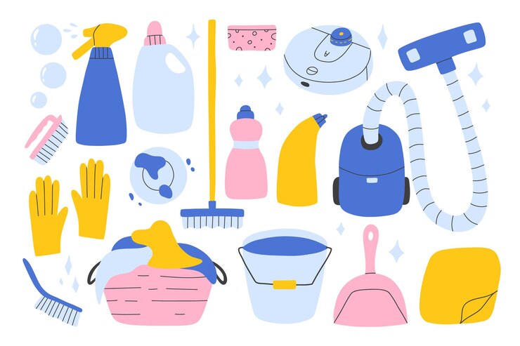 Set of cleaning elements Vector collection of clip art cleaning in hand drawn style
