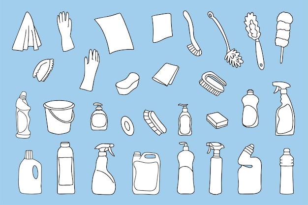 Vector set of cleaning equipment cleaning line icons line of handdrawn cleaning washing and disinfection