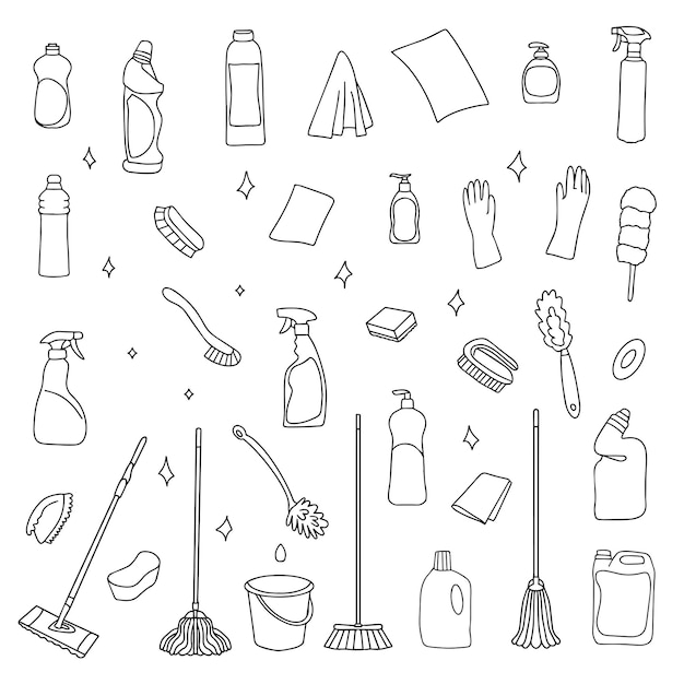 Set of cleaning equipment Cleaning line icons Line of handdrawn equipment cleaning supplies and tools for washing and disinfecting the house bucket and mop detergent sprayer