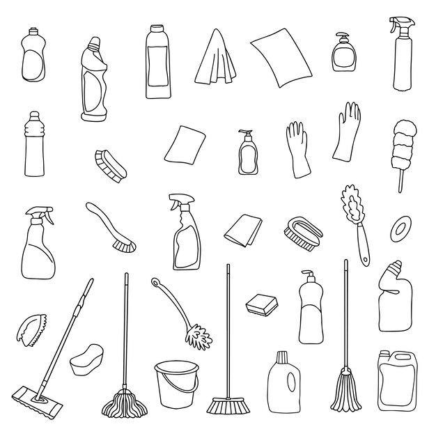 Set of cleaning equipment Cleaning line icons Line of handdrawn equipment cleaning supplies and tools for washing and disinfecting the house bucket and mop detergent sprayer