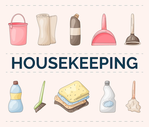 Set of cleaning icons detergents and tools lettering housekeeping