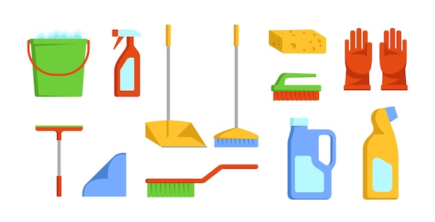 set of cleaning products and accessories household cleaning products gloves brush rag sponge dustpan vector illustration in a flat style
