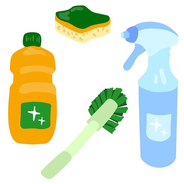 Set of cleaning products. Sponge, brush, spray, detergent. Hand drawn vector illustration.