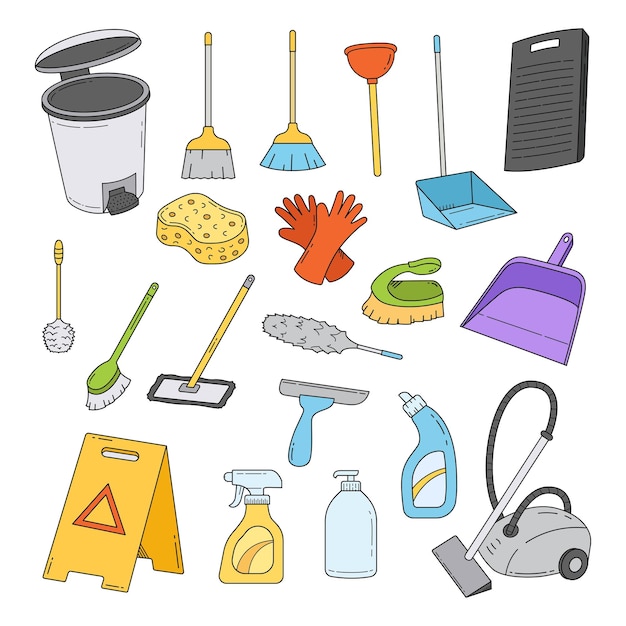 Set of Cleaning service equipment object doodle hand drawn