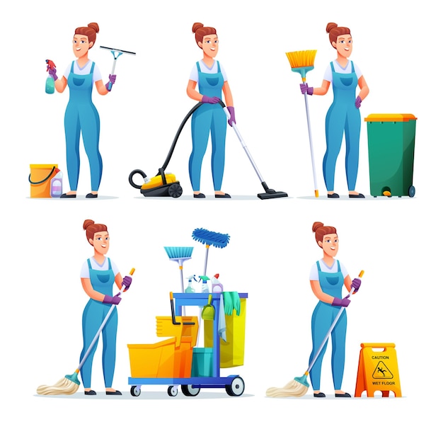 Vector set of cleaning service woman with different equipment female janitor cartoon character