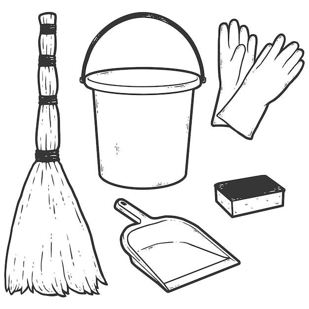 A set of cleaning tools including a broom, gloves, and a bucket.