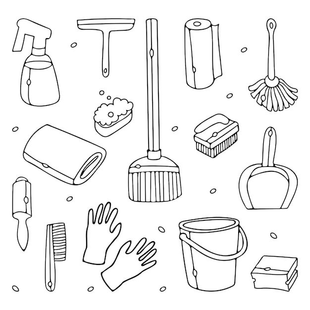 Vector set of cleaning tools outline doodle cute cartoon style premium vector