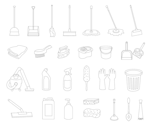 Set of Cleaning Tools Vector Illustration with Lineart Style