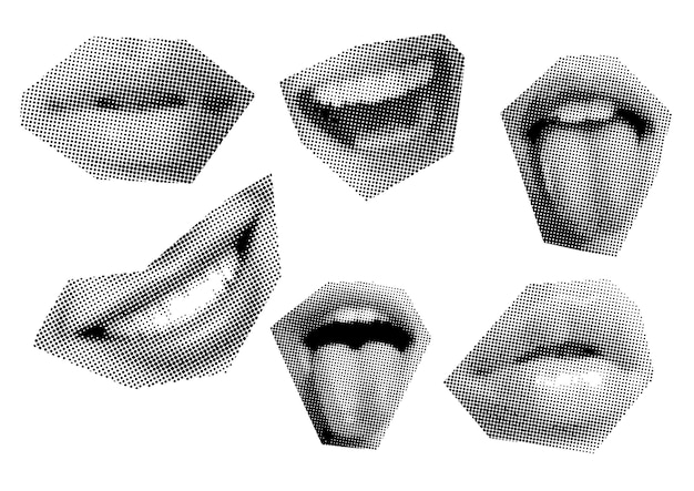 Vettore set clip art bocca e labbra sorriso puntini di lingua punk y2k elementi di collage in bianco e nero