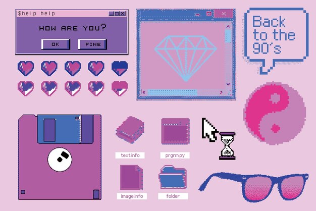 Vector set of clipart elements with retro obsolete things floppy disk user interface icons ect