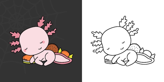 Vector set clipart halloween axolotl kleurplaat en gekleurde afbeelding. clip art kawaii halloween