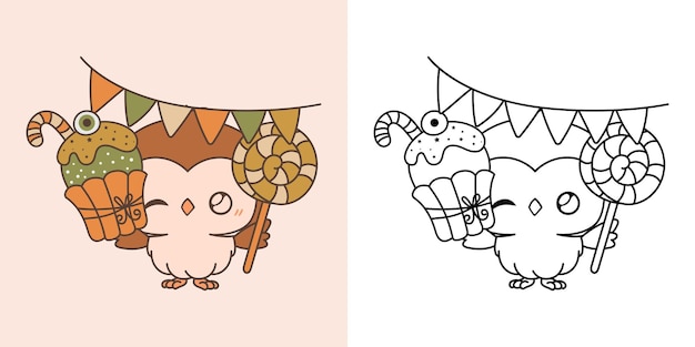 Set clipart halloween owl coloring page and colored illustration kawaii halloween forest bird