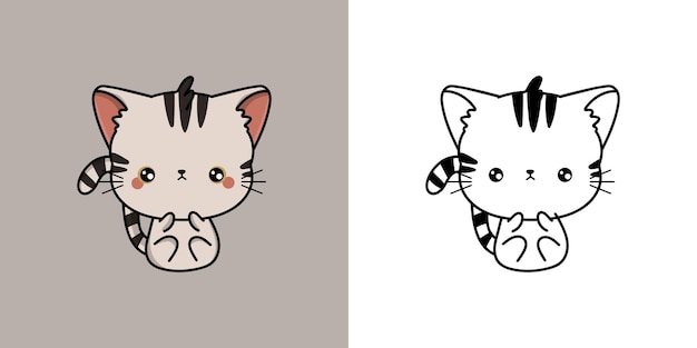 Set Clipart Kitten Coloring Page and Colored Illustration. Clip Art Kawaii American Shorthair Cat.