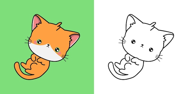 Set Clipart Kitten Coloring Page and Colored Illustration. Clip Art Kawaii Red Cat.