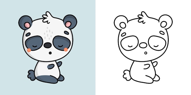 Set clipart panda coloring page and colored illustration. clip art kawaii panda bear.