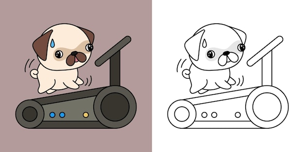 Set Clipart Pug Dog Athlete Coloring Page and Colored Illustration. Clip Art Kawaii Pug Athlete.