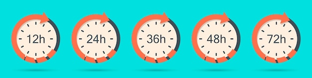 Vector set of clock arrow 12, 24, 36, 48, 72 hours in flat style