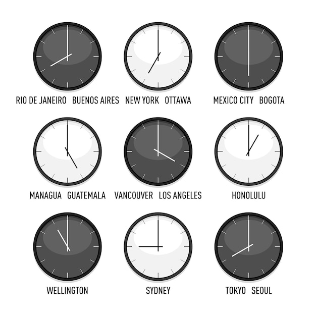 Set of clocks for every timezone  set. Nine time zones for western hemisphere. Isolated illustration on white background