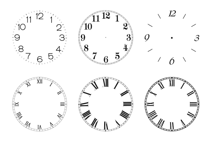 Vector set of clocks with roman numerals and numbers