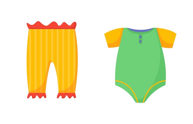 Set of clothes for babies concept Yellow pants and green tshirt for boys and girls Comfort and coziness Cotton and textile production Cartoon flat vector collection isolated on white background