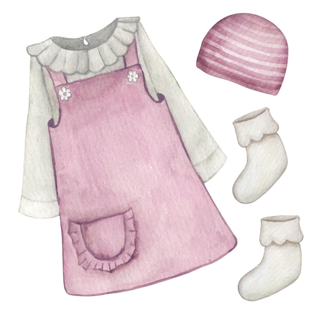 Set of clothes for girls sundress, knitted hat and socks Watercolor kids clothes