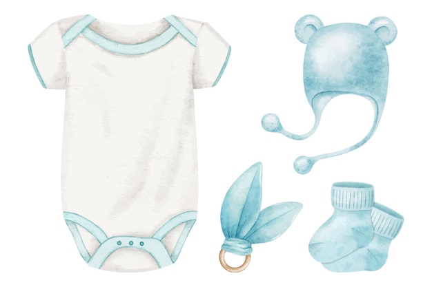 Vector set of clothes for newborn boy bodysuit blue booties cap and teether watercolor illustrations