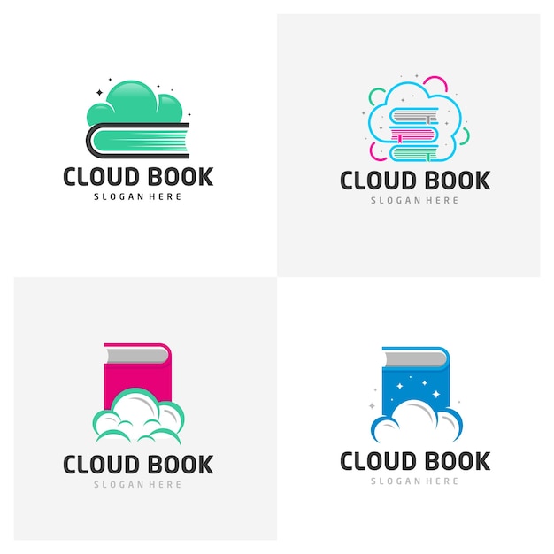 Set di modelli vettoriali per la progettazione del logo del libro cloud per la biblioteca dell'istruzione online e il concetto di libreria simbolo icona vettore