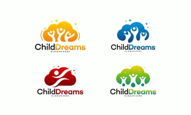 Set di disegni del logo di cloud dreams, logo di apprendimento online design vettoriale, logo di kids dream, modello di logo di child dream