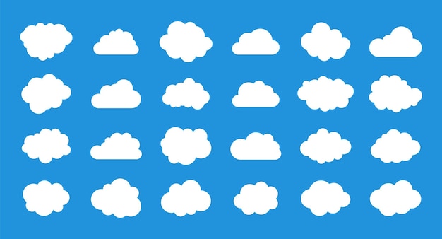 クラウドアイコンのセットです。青い背景の上の白い雲。ベクトルフラットスタイル。