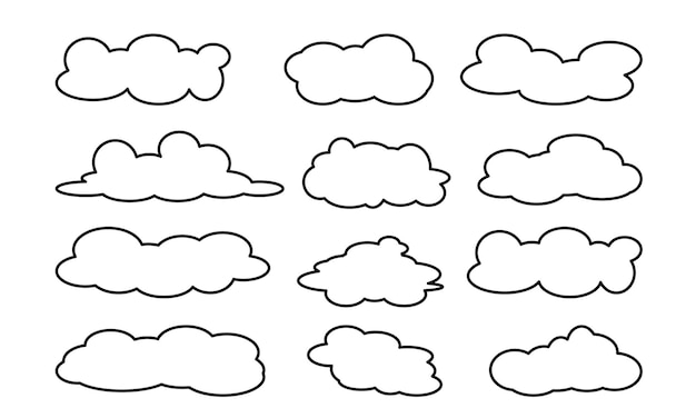 Set of cloud outline signs of different shapes in outline silhouette