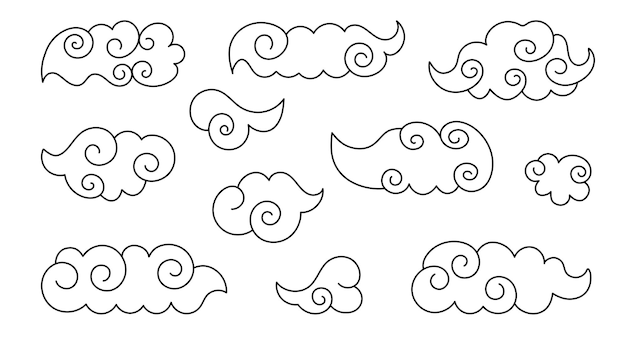 Set of clouds in Asian style Doodle vector vintage illustration Traditional cloud patterns