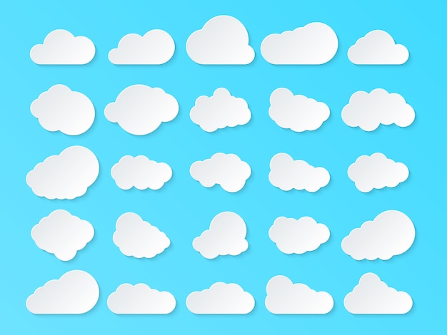 Set of clouds. cartoon clouds isolated on blue background.