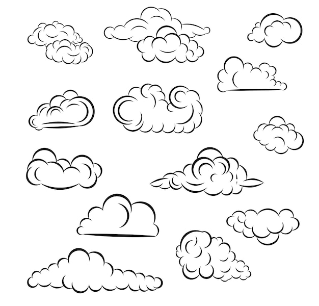 Set of clouds in hand drawn vintage retro style isolated on white background Cartoon design element