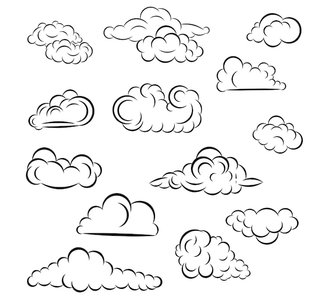 흰색 배경 만화 디자인 요소에 고립 된 손으로 그린 빈티지 복고 스타일의 구름 세트