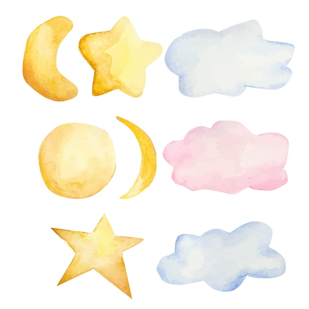 set of clouds and stars watercolor illustration