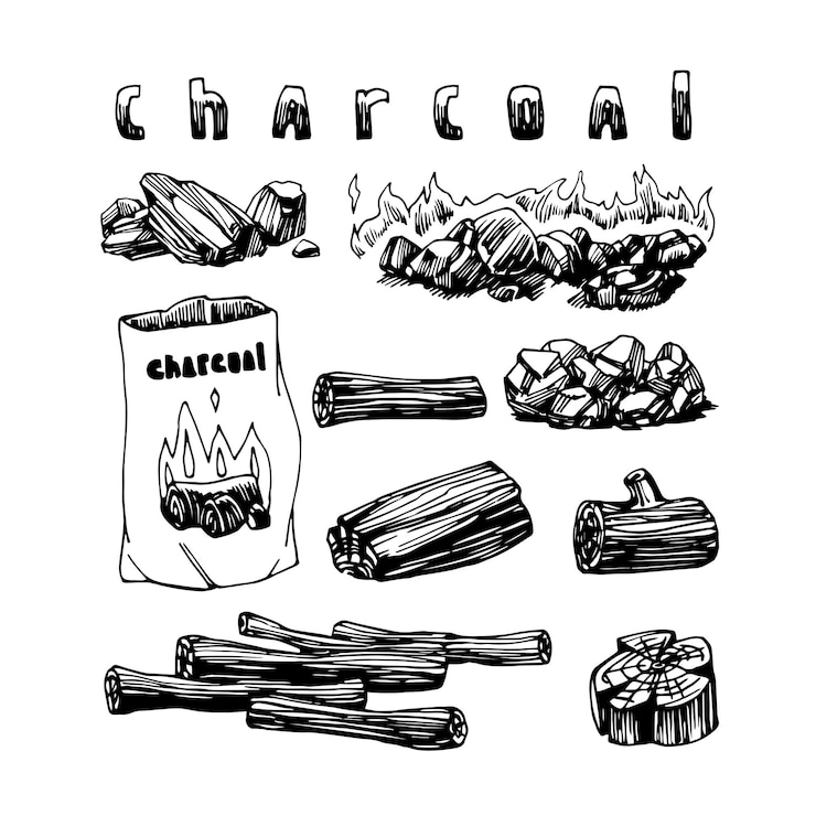 Vector a set of coal charcoal firewood for fireplace or barbecue in black ink