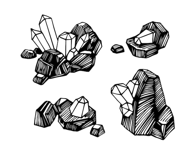 Vector a set of coal with gemstones magic stones with diamonds a piece of rock with crystals in black ink