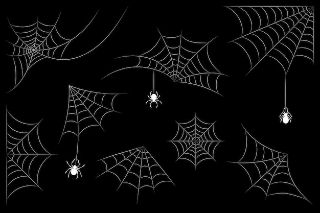 Set of cobwebs with white outline spiders on black background