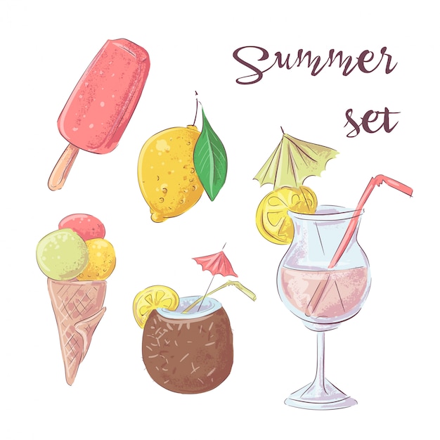 Set of cocktail ice cream and tropical fruits. vector illustration