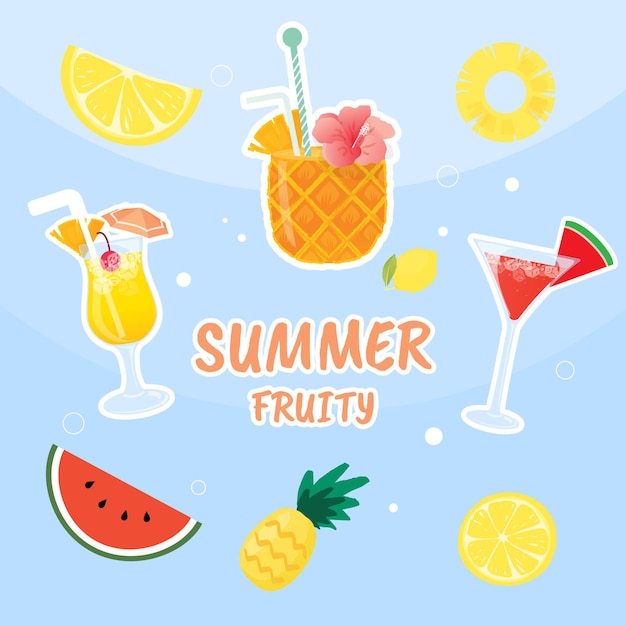 Set of cocktail summer drinks and fruits vector illustration